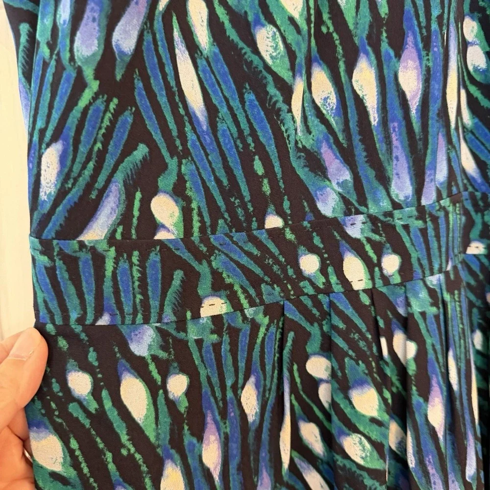 Tory Burch 100% Silk Dress 12 Blue Green Watercolor Knee Length Career Lined EUC
